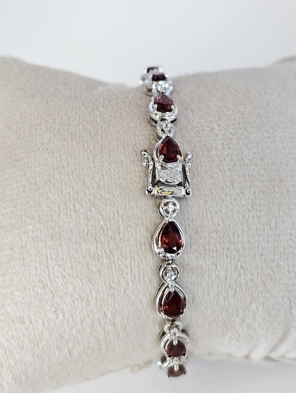 Genuine Garnet & White Zircon Tennis Bracelet Sterling Silver Rhodium 7"